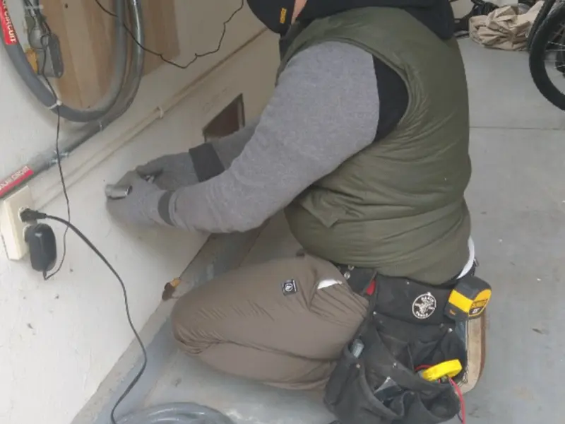Electrician performing outlet wiring in a Cedar Hills garage
